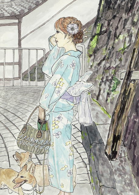 ころすきんさんよりいただいた、「水彩画：成田祇園祭に見物していた若い女性」